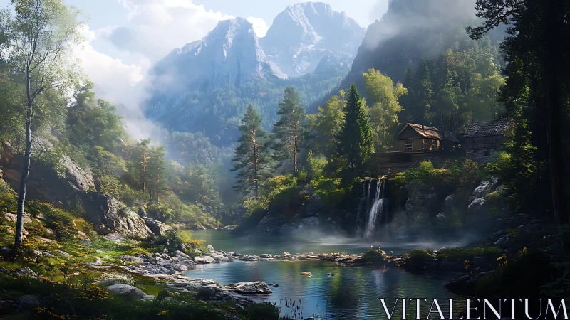 Mountain cabin overlooks misty waterfall and forest lake