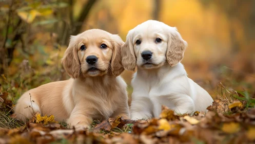 Golden retriever puppies resting among colorful autumn leaves.
