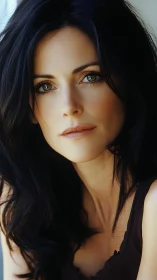 Photorealistic portrait of dark haired woman in soft light.