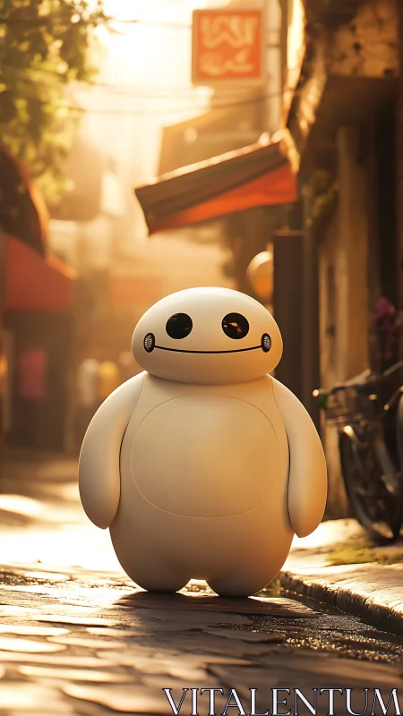 Soft-bodied robot in golden-hour alleyway with cinematic depth