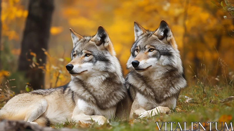 Two gray wolves resting in autumn forest clearing scene.