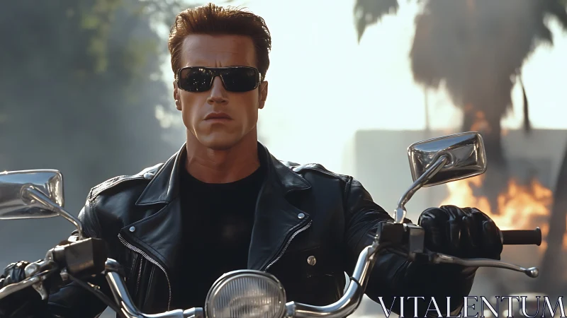 Cinematic biker android in leather jacket amid urban fire