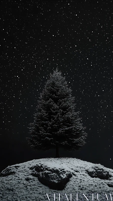Solitary fir crowns snowy hill under dense winter stars.