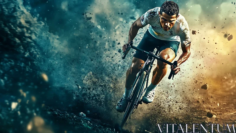 Cyclist speeding through dynamic dirt and debris field.