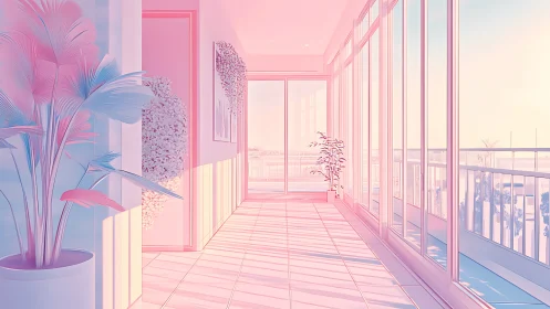 Pastel-lit glass corridor with indoor foliage and skyline view