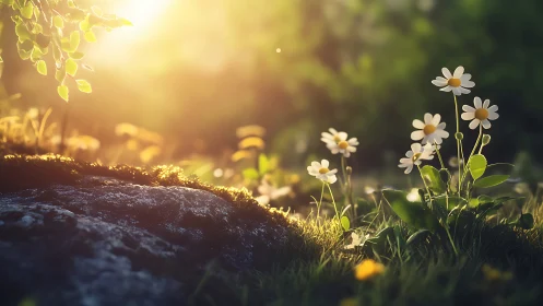 Backlit daisies emerge along a mossed rock in soft focus light