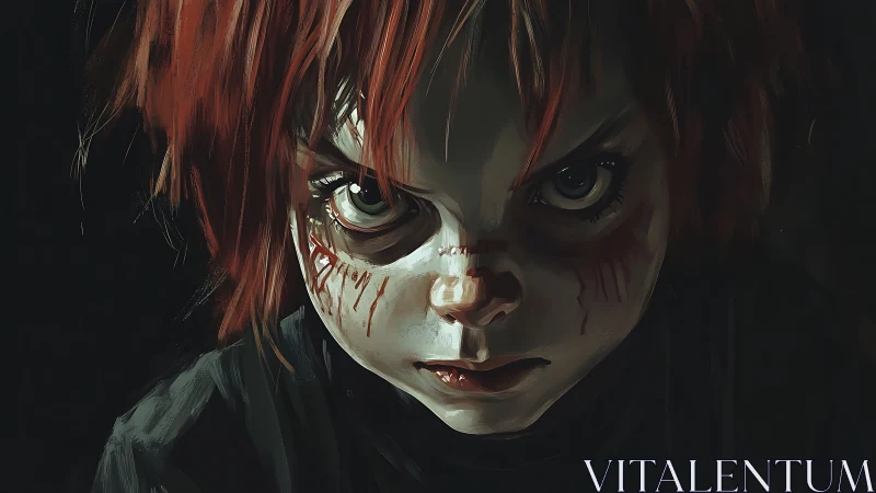 Intense low-key portrait of scarred red-haired child glare.