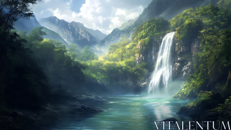 Waterfall pours into misty turquoise river in dense valley