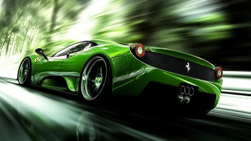 Electric green supercar racing through a blur of forest light.
