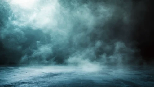 Dense blue fog above reflective floor in dark interior.