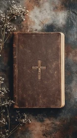 Closed leather-bound crucifix book rests on textured surface