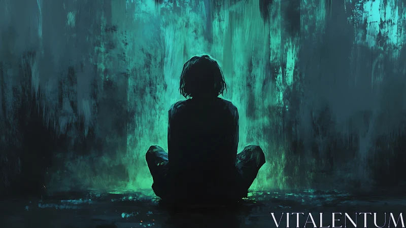 Solitary figure sits before vertical teal abstract light wall