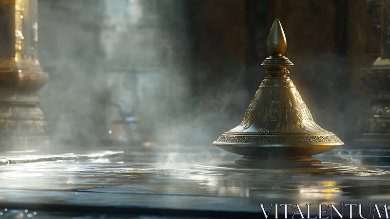 Golden temple finial resting in soft morning mist.