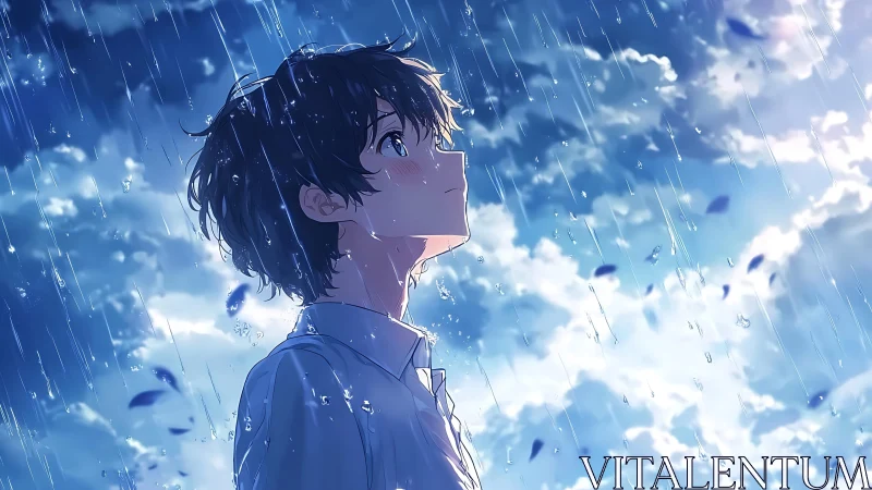 Melancholic boy under luminous blue rainstorm sky.