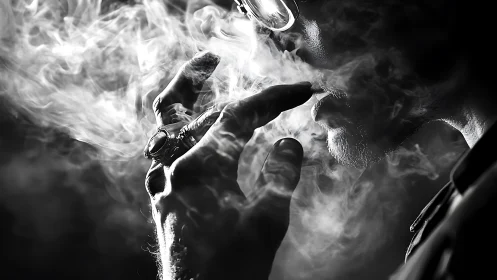 High-contrast monochrome portrait isolates smoker in dense vapor