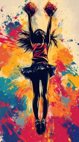 Silhouetted dancer leaps through explosive color splashes