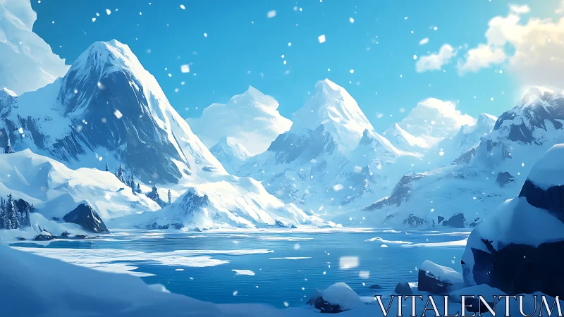 Glacial mountain basin under crystalline blue winter atmosphere.