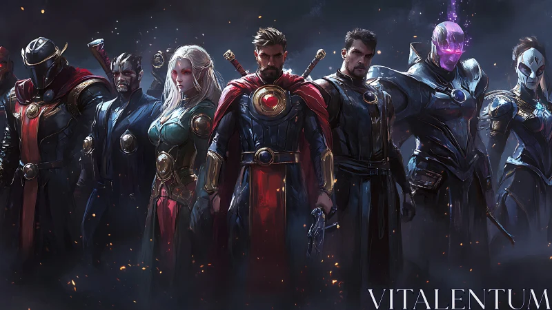 Armored sorcerer team stands in smoky battlefield lineup