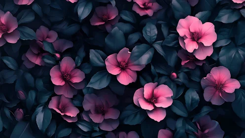 Pink Blossoms Illuminated Against Deep Teal Foliage