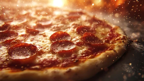 Cinematic close-up renders molten pepperoni pizza surface in detail