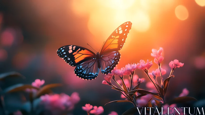 Butterfly with orange wings over pink flowers at sunset.