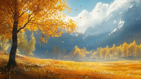 Autumn meadow extends toward distant snow-covered mountains