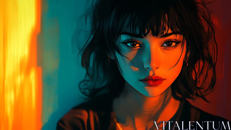 Portrait of woman in dual-tone cyan and orange light.