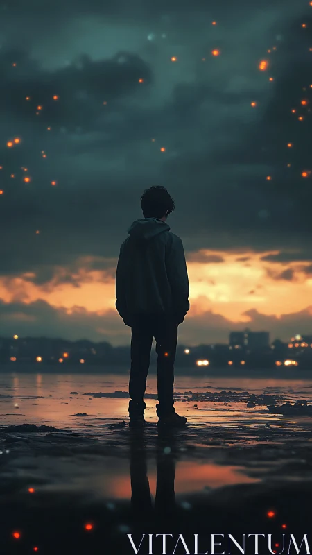 Solitary figure at dusk beneath ember-lit storm clouds.