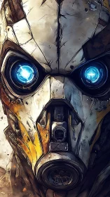 Front-facing combat android mask with luminescent optic cores.