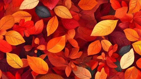 Autumn foliage pattern with layered red and orange leaves.