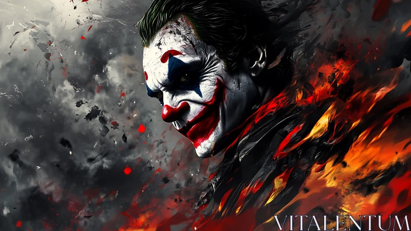 Clown-faced villain amid smoke and fire in dynamic portrait.