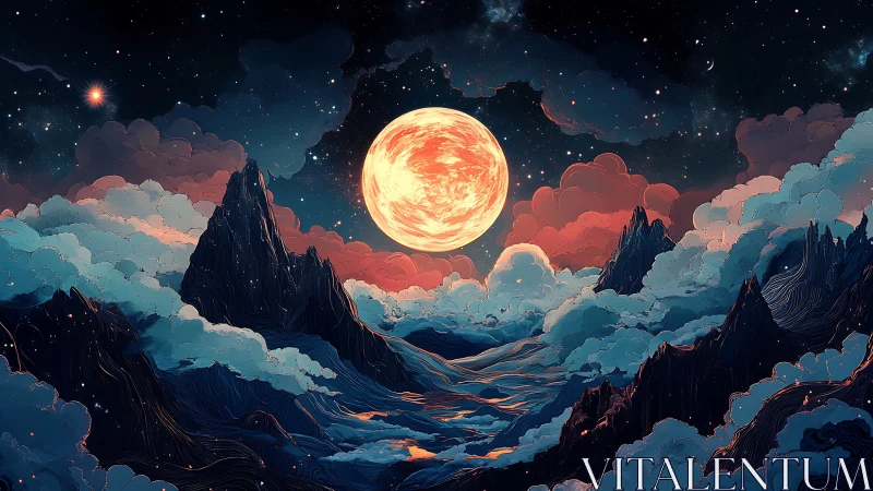 Molten moonrise above dreaming peaks and tidal clouds.