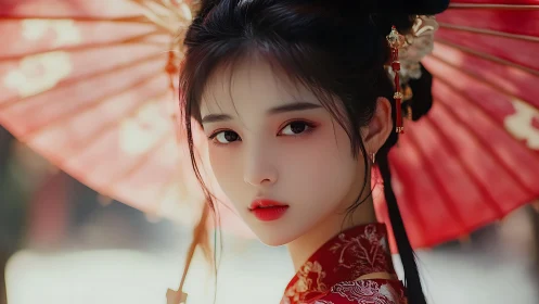 Digital portrait of kimono-clad woman under radial red parasol