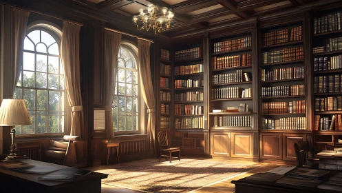 Sunlit manor library where polished wood cradles quiet lore.