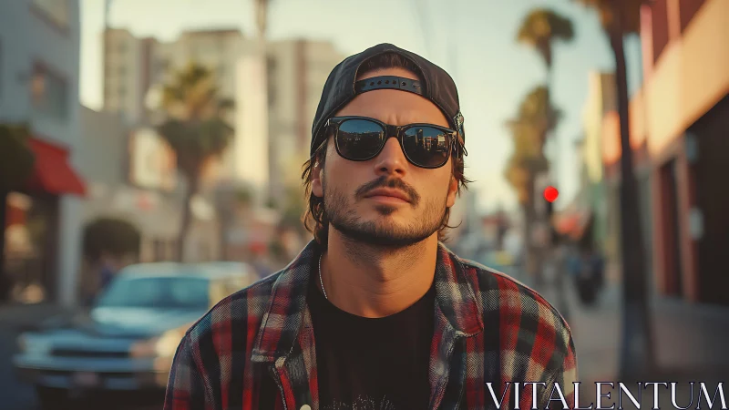 Urban sunset portrait of man in plaid and sunglasses.