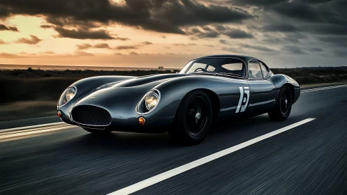 Sleek vintage race car glides along an open coastal highway