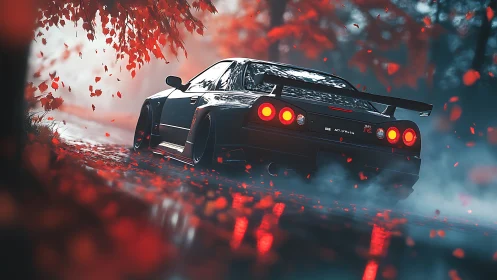 Midnight drift among falling crimson autumn leaves.