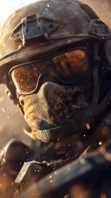 Soldier in tactical armor faces sparks in close combat view