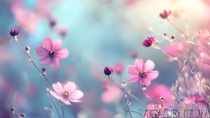 Dreamy cosmos flowers in soft pink and azure light