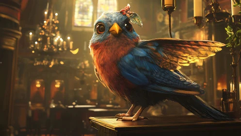 Whimsical bluebird with a hat in a cozy vintage tavern scene.