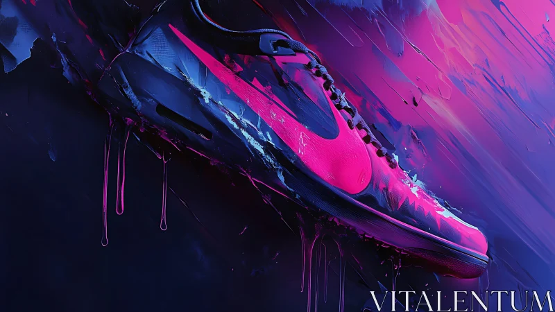 Neon athletic sneaker dissolves into abstract cyberpunk paint