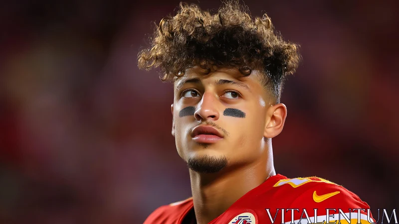 Close portrait of football player in red uniform at game.