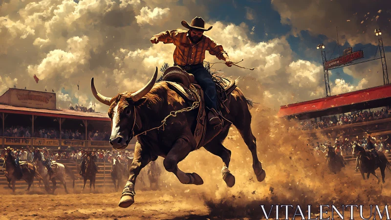 Rodeo cowboy on charging bull amid dust and grandstands.