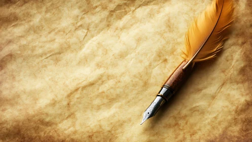 Golden quill fountain pen rests on aged parchment surface.