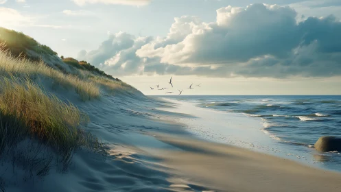 Low-angle coastal dunes under volumetric clouds and grazing light