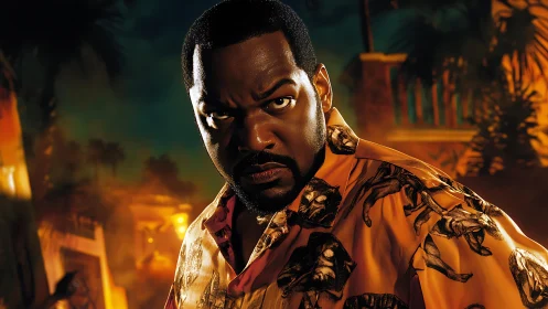 Intense tropical portrait under cinematic warm lighting.