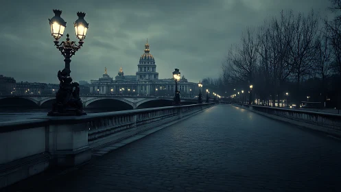 Nocturnal riverside boulevard with domed landmark skyline.