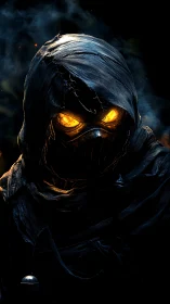 Hooded wraith with molten eyes stalks through swirling smoke.