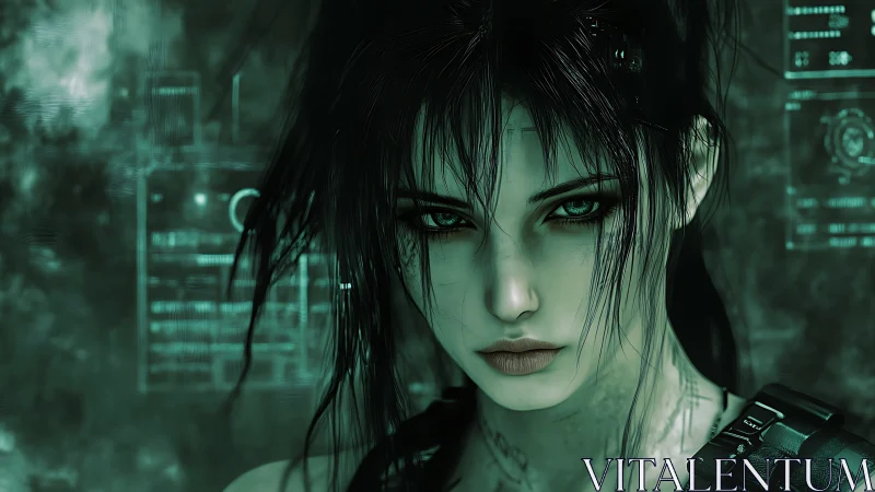 Cybernetic operative portrait with teal biometric HUD overlays.