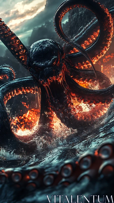 Fiery sea leviathan rises from stormy waves in molten glow.